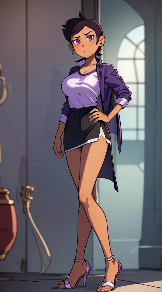 Luz Noceda, massive breasts, cleavage, ((purple and white small shirt and a black stripped miniskirt)), high quality fanart, open legs Style, official fanart, , official art, (nsfw), barefoot, ((open-toe platform high heels))