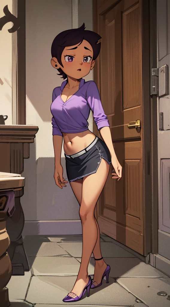 Luz Noceda, massive breasts, cleavage, ((purple and white small shirt and a black stripped miniskirt)), high quality fanart, open legs Style, official fanart, , official art, (nsfw), barefoot, ((stiletto high heels))