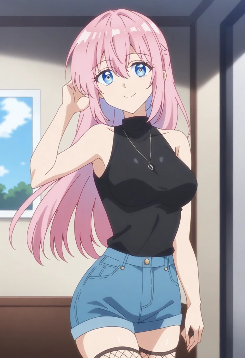 anime art style, 2d, masterpiece, best quality, very aesthetic, absurdres, dynamic shadows, atmosferic, shikimorisan, (1girl), pink hair, long hair, blue eyes, detailed eyes, shadows on eyes, hair between eyes, bangs, medium breasts, makeup, curvy body, sexy, casual clothes, black turtleneck shirt, denim shorts, fishnet thighhighs, bare arms, smile, (cowboy shot), (from front), (standing), (indoors), (looking at viewer:1.0)