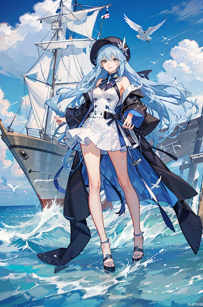 (masterpiece, top quality: 1.1), bird's eye view, asymmetry, blue sea, low tide, sea wave, sea route, coastal road, sandy beach, shell, pier, yacht, boat, ship wake, shipwreck, steamer, contrail, car, tourist, lighthouse, seagull , horizon, wind, summer, hat, morning, sunny, cloud, calm, fresh air, depth of field