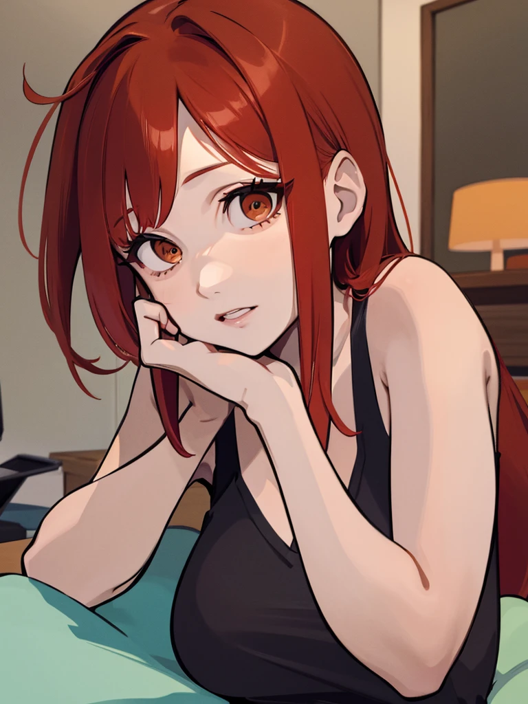 21-years old woman, red hair combed to the left side, brown eyes