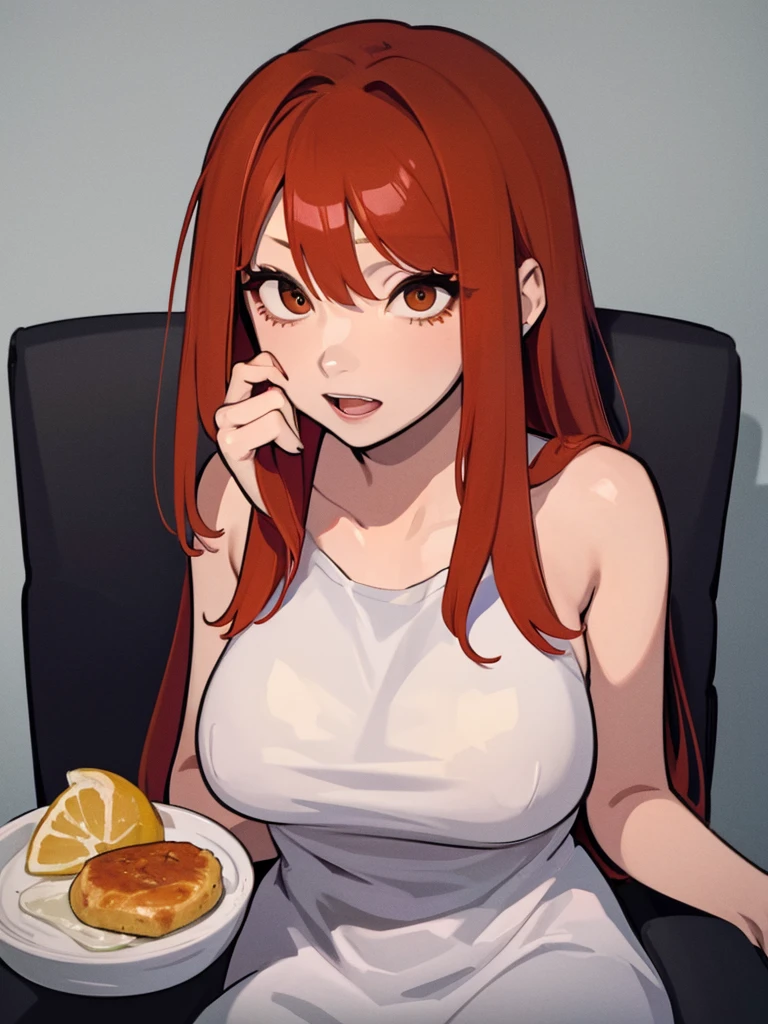 21-years old woman, red hair combed to the left side, brown eyes