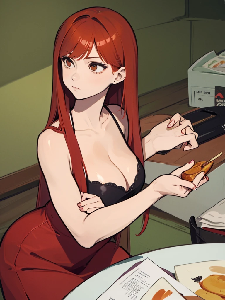 21-years old woman, red hair combed to the left side, brown eyes