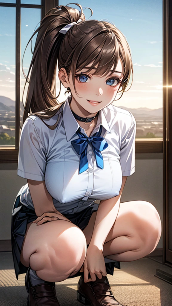 (Masterpiece:1.2, Top Quality, Super Hi-Res, Super Detail), (Realistic, Realistic:1.4), Beautiful Illustration, Perfect Lighting, Colorful, Depth of Field,
Beautiful hair, beautiful face, beautiful eyes, beautiful collar bone, beautiful body, beautiful breasts, beautiful thighs, beautiful legs, beautiful fingers,
1 girl, Japanese, high school girl, perfect face, (perfect anatomy, anatomically correct), cute and symmetrical face,,, shiny skin,
(long hair: 1.7, side ponytail: 1.6, light brown hair), asymmetrical bangs, blue eyes, long eye lids, , (medium breasts), slender,
(light blue short-sleeved shirt with collar, navy pleated skirt, blue bow tie), light blue striped panties,
(beautiful scenery), evening, (shopping mall), squatting, (lovely smile, upbeat, ), big tits, nsfw