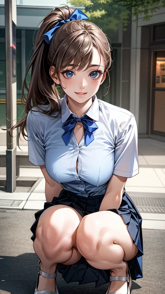 (Masterpiece:1.2, Top Quality, Super Hi-Res, Super Detail), (Realistic, Realistic:1.4), Beautiful Illustration, Perfect Lighting, Colorful, Depth of Field,
Beautiful hair, beautiful face, beautiful eyes, beautiful collar bone, beautiful body, beautiful breasts, beautiful thighs, beautiful legs, beautiful fingers,
1 girl, Japanese, high school girl, perfect face, (perfect anatomy, anatomically correct), cute and symmetrical face,,, shiny skin,
(long hair: 1.7, side ponytail: 1.6, light brown hair), asymmetrical bangs, blue eyes, long eye lids, , (medium breasts), slender,
(light blue short-sleeved shirt with collar, navy pleated skirt, blue bow tie), light blue striped panties,
(beautiful scenery), evening, (shopping mall), squatting, (lovely smile, upbeat, ), big tits, nsfw