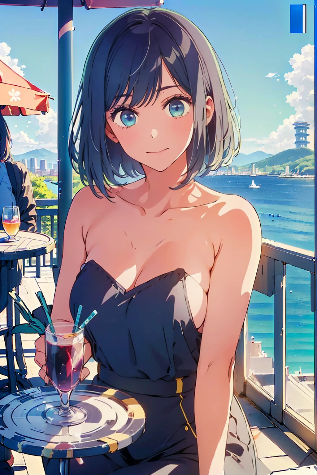 (Highest quality:1.4、masterpiece:1.4、超detailed:1.4、Ultra-high resolution:1.4、Absurd:1.4、Absolute Resolution:1.4、8K:1.4、detailed:1.lim body、((((1 person、sit、Happy expression、Chair、In the background are the urban buildings of Tokyo、looking at the camera、Outdoor café terrace、Navy hair color、juice、table、Very cute face))))、((((nudey beautiful areola、v)))、(Take off your tank top:1.1)、Very blue sky、A completely cloudless sky