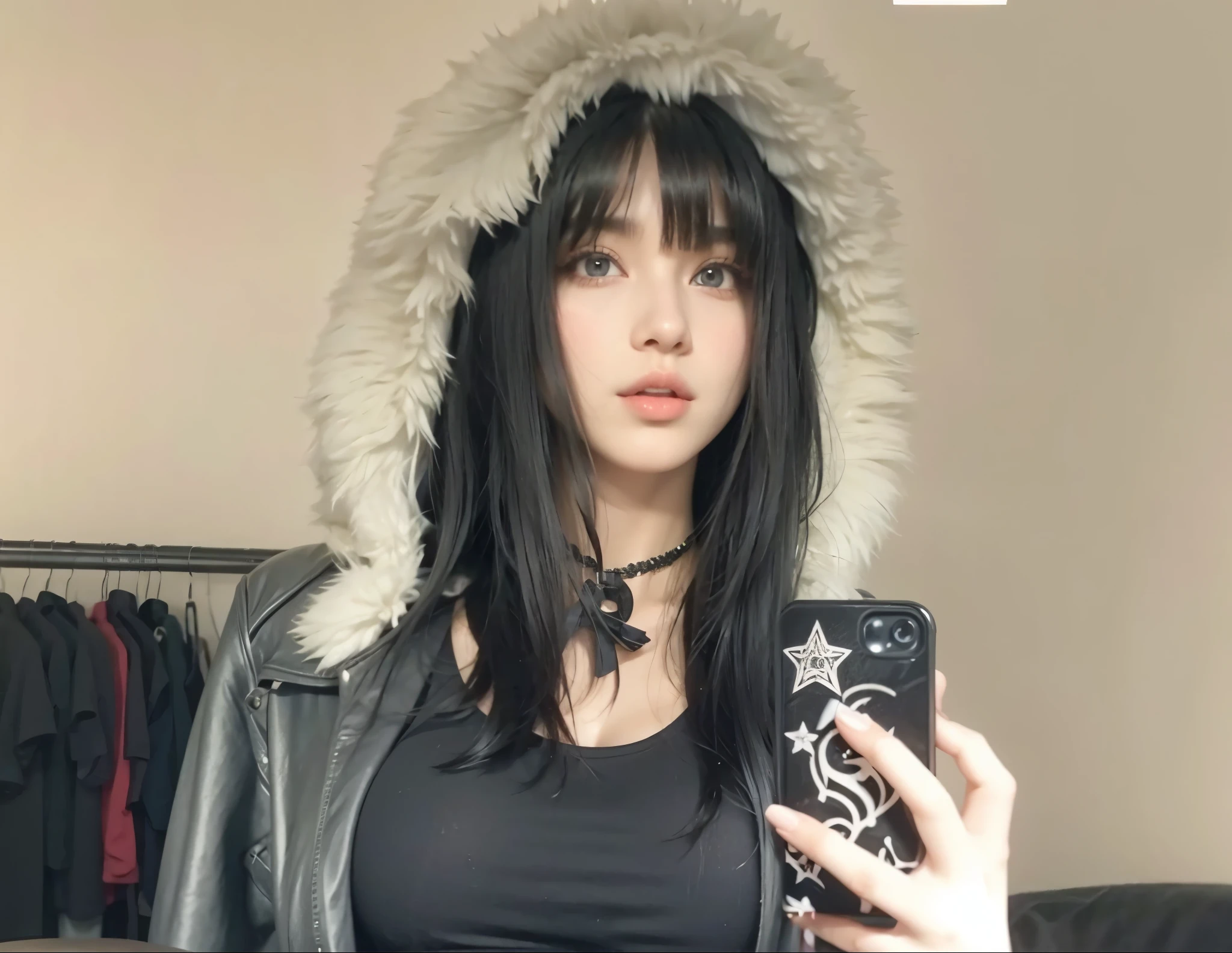 Perfect Woman, perfect mouth, perfect toes, perfect mouth, Flawless nose, perfect dark eyes, perfect and long straight black hair with bangs, big and beautiful breasts.