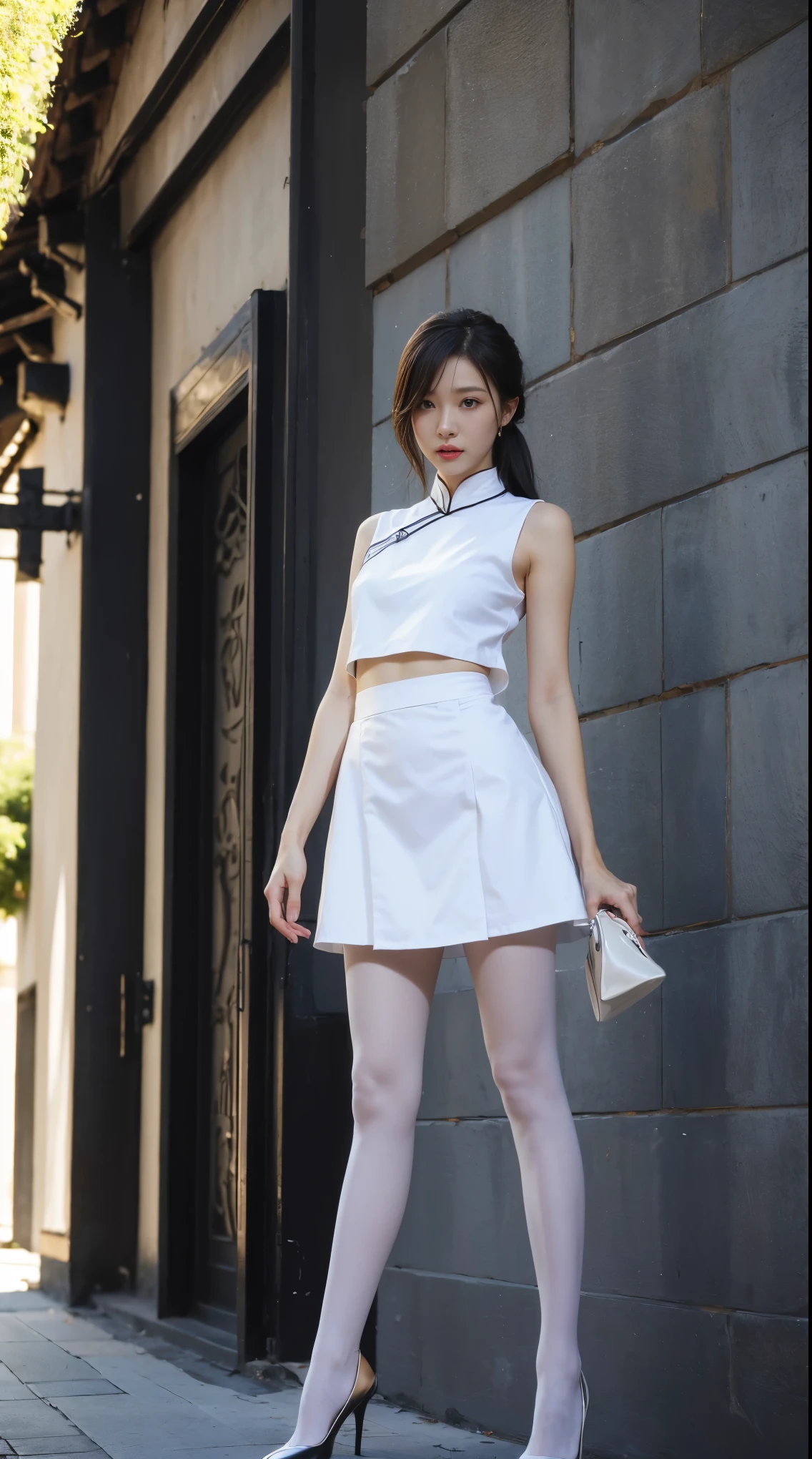 (absurdres:1.2),(slender:1.2),(full_shot:1.3),1girl,(white hose:1.1),chinese_style, mini skirt,outdoors,sunshine,stiletto_heels,tall,standing,
