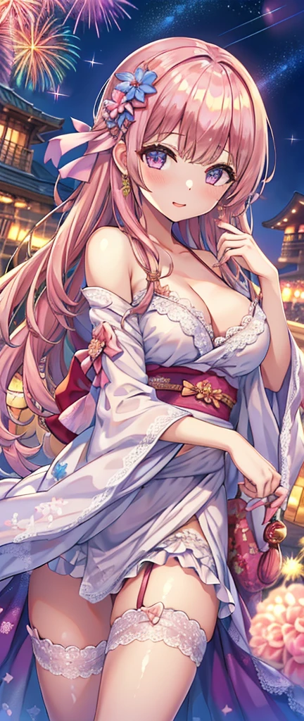 Masterpiece、Highest quality、Super detailed、1 girl、Light pink hair、Fluffy and soft long hair、Starry eyes、Big Tits、Cleavage、Too big breasts、yukata、Wide open chest、firework、Night Sky、smile、Lace cape、Earrings、garter belt、Belly button