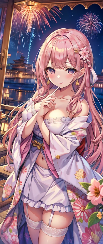 Masterpiece、Highest quality、Super detailed、1 girl、Light pink hair、Fluffy and soft long hair、Starry eyes、Big Tits、Cleavage、Too big breasts、yukata、Wide open chest、firework、Night Sky、smile、Lace cape、Earrings、garter belt、Belly button