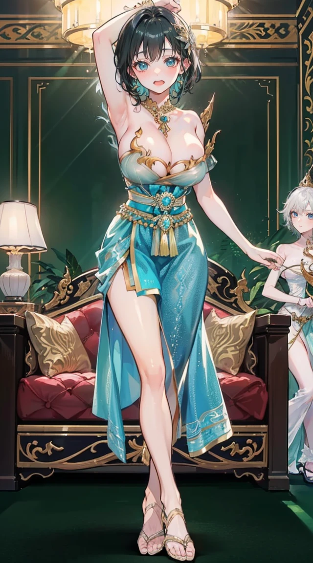 (2 young women ,beautiful woman),smile,(light green short hair),nobility,(princess),blue student,Tall figure,((Strapless Thai dress)),low skirt,(Strapless Thai dressที่ไม่ทีสาย),ta skirt,Show your legs,Barefoot,red carpet,prom website,(nobility),(big tits),(Various poses),Highest quality、Highest picture quality、Masterpiece,, ,(((Umbilical drive,dance,dance,Thai dance))),(large areolae:1.4,pink,The nipples are clearly visible......),(((bare breast:1.37)))