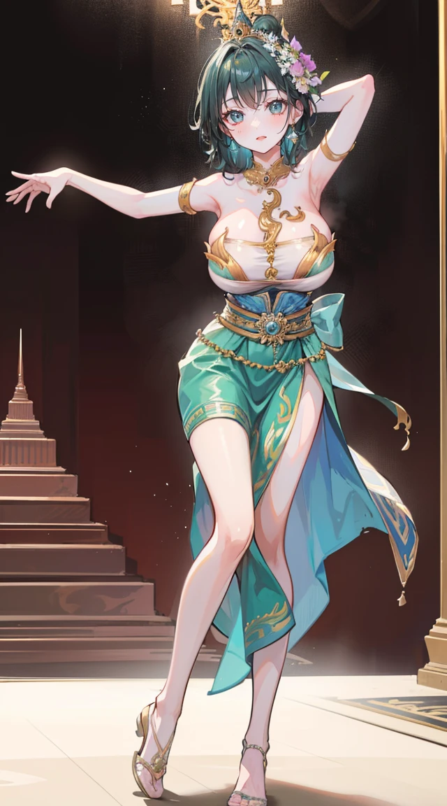 (2 young women ,beautiful woman),smile,(light green short hair),nobility,(princess),blue student,Tall figure,((Strapless Thai dress)),low skirt,(Strapless Thai dressที่ไม่ทีสาย),ta skirt,Show your legs,Barefoot,red carpet,prom website,(nobility),(big tits),(Various poses),Highest quality、Highest picture quality、Masterpiece,, ,(((Umbilical drive,dance,dance,Thai dance))),(large areolae:1.4,pink,The nipples are clearly visible......),(((bare breast:1.37)))