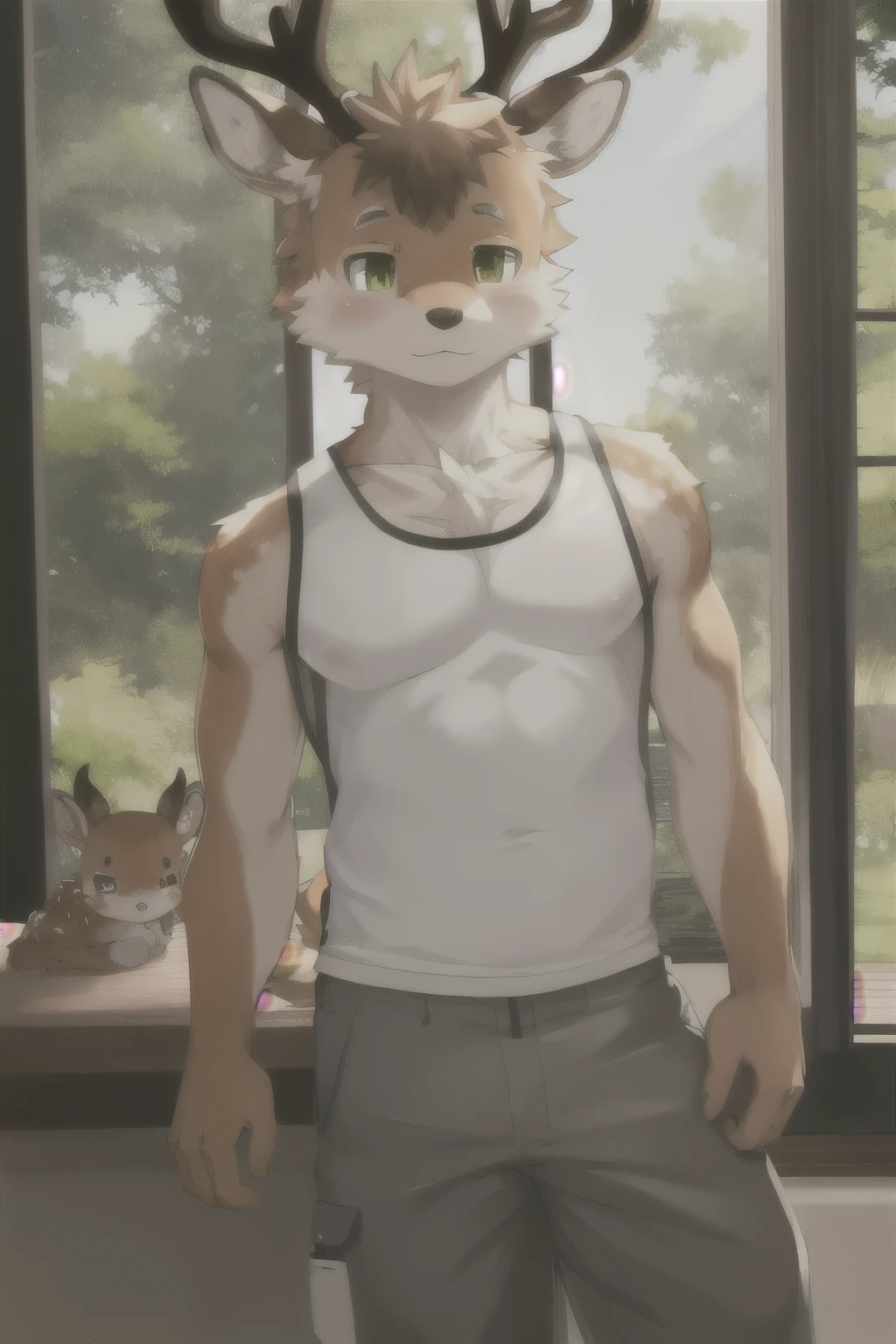 Kemono deer, Beaming, tank top, trousers, Extreme details, Masterpiece, There's nothing there., Highly detailed, Detailed eyes, detailed hands, full body image,