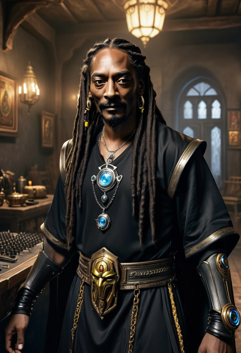 robot with dreadlocks and a black shirt in a room, inspired by Rajmund Kanelba, from warcraft, as a medieval fantasy character, with leonidas beard, snoop dogg as a mage, snoop dogg in mortal kombat, similar to hagrid