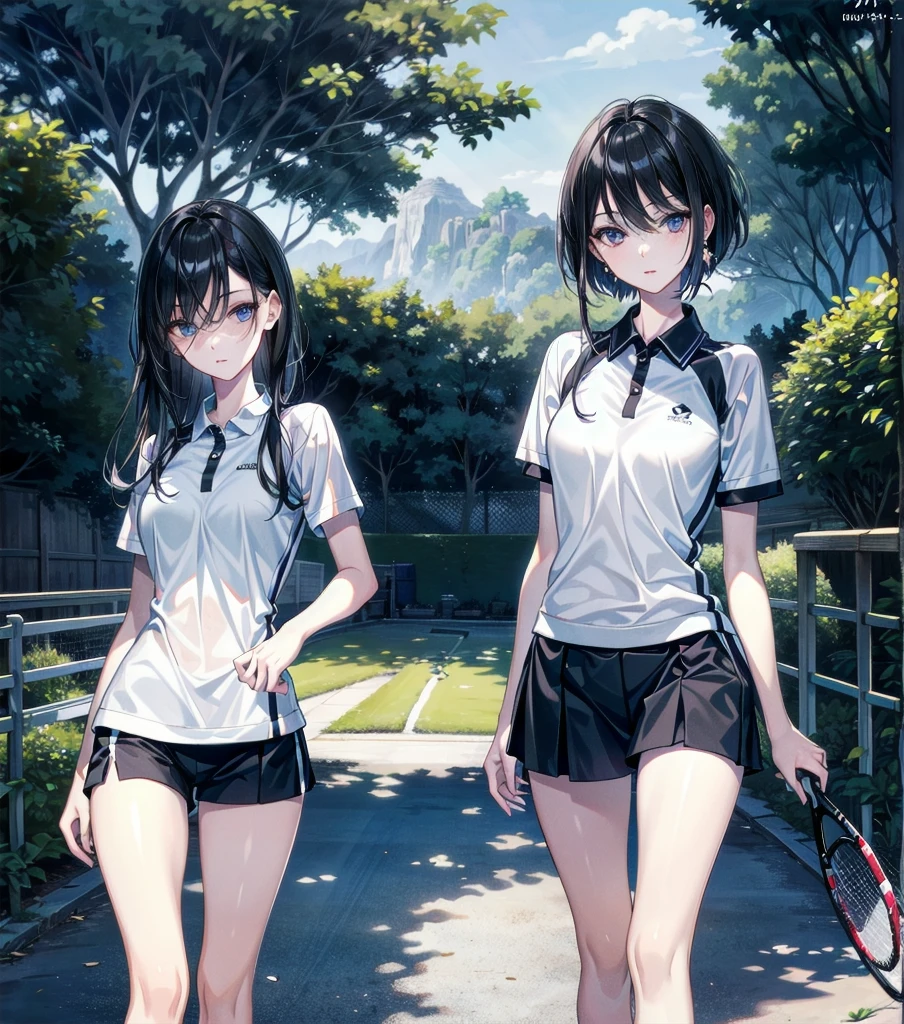 absurdres, RAW photo, extremely delicate and beautiful, masterpiece, Best Quality, ultra high resolution, 32k, hyperrealistic, ultra-detailed, perfect anatomy, super Detailed skin, perfect figure, Japanese woman, late 20s, very Slim body, narrow waist, very small head, handsome detailed woman, very detailed eyes and face, realistic face proportions, Stunning detailed eyes, Realistic beautiful face, very small face, Realistic small beautiful eyes, tearful mole, earring, beautiful and very thin legs, beautiful and very thin thighs, (very huge round breasts), medium hair, black hair, whole body shot, ((Tennis Uniform)), shorts, ((outdoor)),