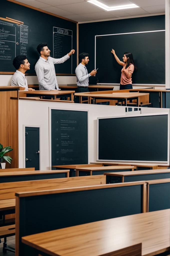 A group of merchants meeting in a classroom, with an instructor explaining in front of a blackboard.