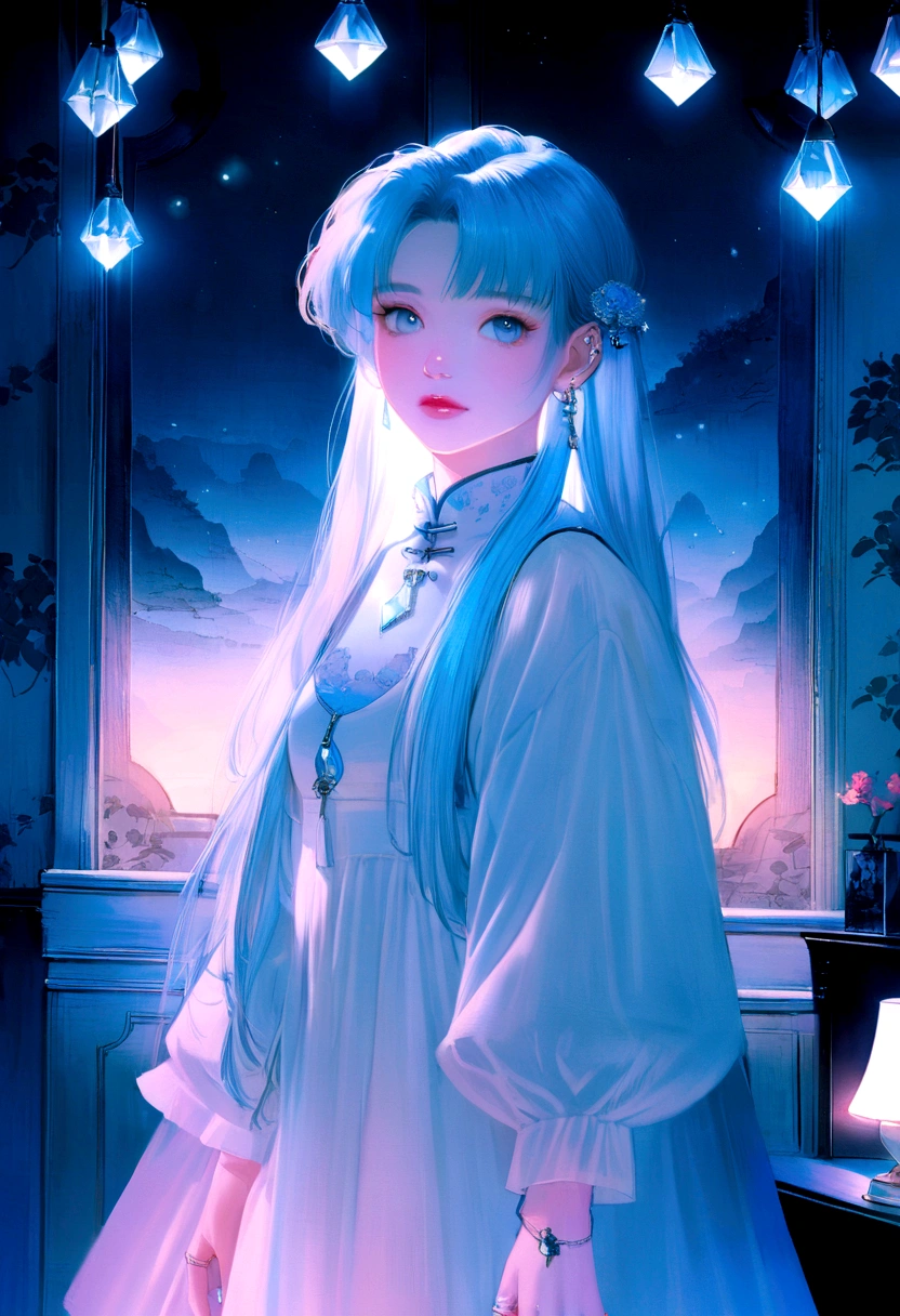 Anime Background,90s Teen Bedroom , Semi-realistic, Ring lighting , Prism, normal,Soft,Light blue main color,new Chinese style
