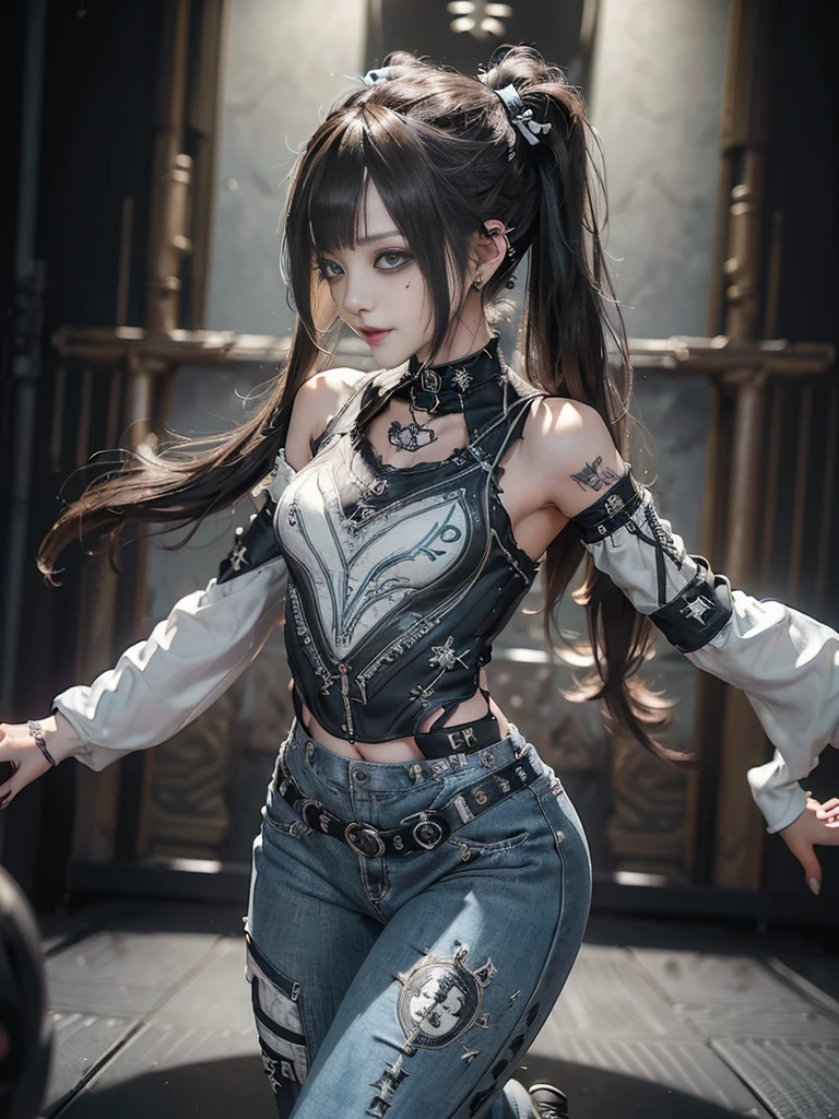 (Full Body View:1.3)、(Side view:1.1)、(Smiling with teeth showing:1.3),(Shibuya Gal:1.5)、(Gothic Lolita style fashion:1.5)、(Punk RockVisual Kei:1.5)、(Wearing a rhythmic gymnastics bodysuit with intricate details:1.4)、(Racing suit and pants with intricate decorations in white, denim and charcoal:1.5)、(Denim and light blue and white boots:1.3)、((belt))、(Numerous delicate logo marks all over the costume:1.4)、(collar:1.3)、(Striped underwear:1.5)、20-year-old、NSFW、((Highest quality、In 8K、masterpiece:1.3))、Sharp focus:1.2、(Layered Cut、Huge boobs:1.1),Beautiful woman with perfect figure:1.4、(Dancing vigorously:1.3)、Slender Abs:1.2、Highly detailed face and skin texture、Detailed eyes、double eyelid,(Twin tails:1.3)、(Brown Hair:1.3)、Gravure idol、(The background is the stage of the fashion show:1.3)、(Slim body:1.3),(Make your legs thinner:1.4),（clavicle:1.1）、(Thin and slim thighs:1.3)