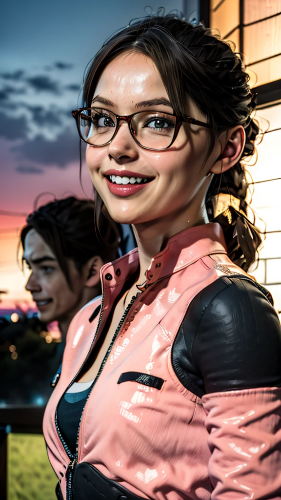 Masterpiece, anime, น่าlove, romantic, best quality, 2 more people, pair, เป็นadult, adult, Height difference, different fashion, different colors, Casual wear, long sleeve, smile, be happy, love, whirlwind, sky, Men with long hair, light brown haired man, black hair woman, long hair woman, woman wearing glasses, castle, waterfall
