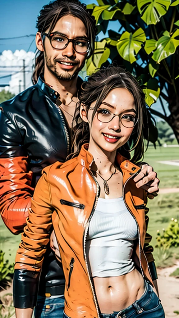 Masterpiece, anime, น่าlove, romantic, best quality, 2 more people, pair, เป็นadult, adult, Height difference, different fashion, different colors, Casual wear, long sleeve, smile, be happy, love, whirlwind, sky, Men with long hair, light brown haired man, black hair woman, long hair woman, woman wearing glasses, castle, waterfall