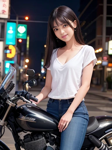 a lot of details, (underweight), 30 years old, detailed black hair, beautiful detailed hair, super fucking beautiful, delicate beautiful face, complex details beautiful and delicate eyes, perfect hands, (flat chest best quality:1.5), perfect and delicate limbs, detailed skin, best quality, ultra-detailed,(cheerful grin:1.5),
city, motorcycle, excited, riding motorcycle, looking to the right, semi long, t-shirt, jeans, japanese, in the city, at midnight, cyberpunk, full body shot, high angle shot, extreme wide shot, ambient lighting