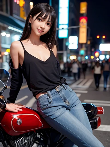 a lot of details, (underweight), 30 years old, detailed black hair, beautiful detailed hair, super fucking beautiful, delicate beautiful face, complex details beautiful and delicate eyes, perfect hands, (flat chest best quality:1.5), perfect and delicate limbs, detailed skin, best quality, ultra-detailed,(cheerful grin:1.5),
city, motorcycle, excited, riding motorcycle, looking to the right, semi long, t-shirt, jeans, japanese, in the city, at midnight, cyberpunk, full body shot, high angle shot, extreme wide shot, ambient lighting