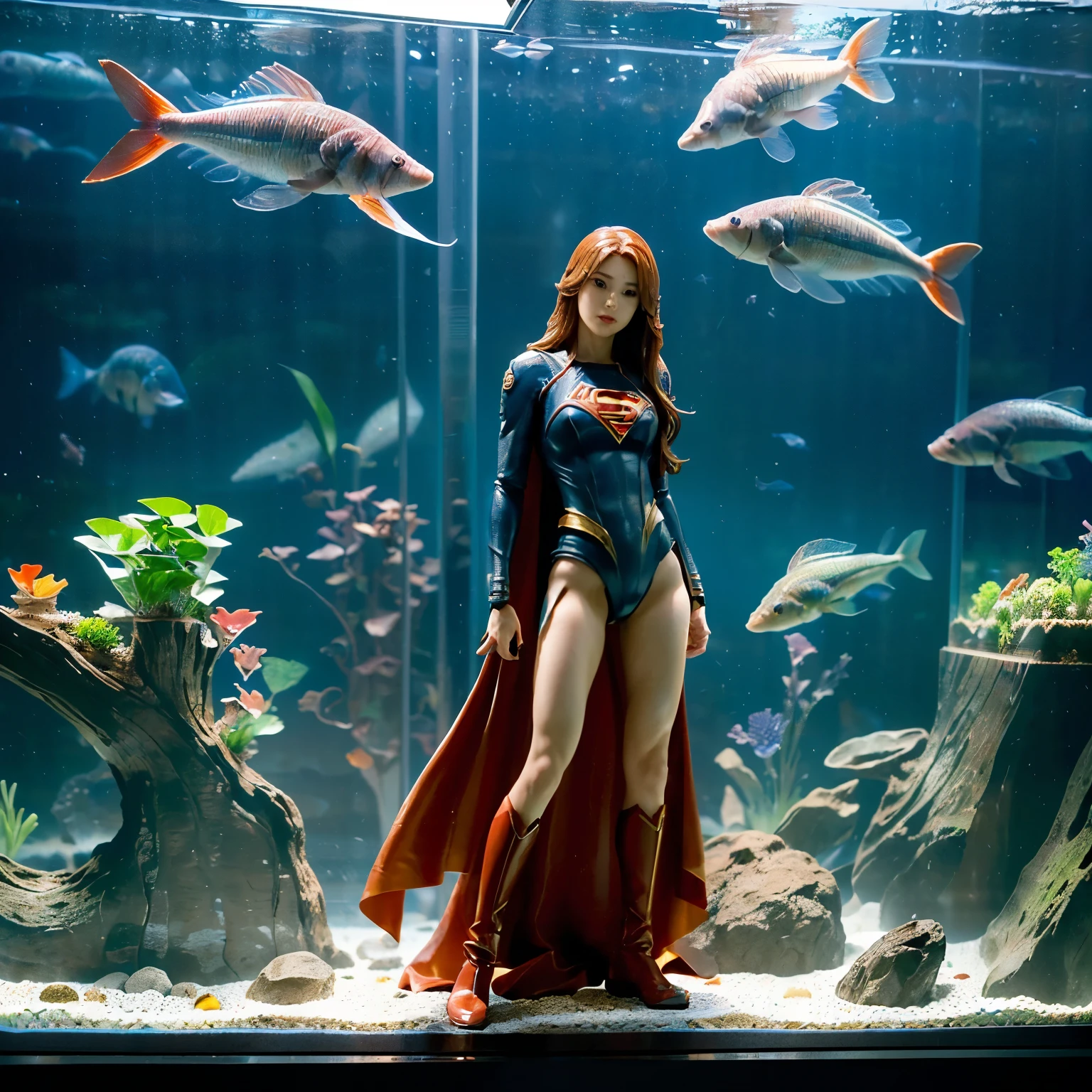 Supergirl、1/6th scale adult figure、(((In a large aquariumに虫のような触手フィギュアがたくさん)))、SFW、Hands tied、The worm&#39;s tentacles are wrapped around both of its legs.、(((In a large aquariumにレイアウトしたA large number of tentacle figures)))、正確なSupergirlのコスチューム、(((In a large aquarium)))、(((A large number of tentacle figures)))、