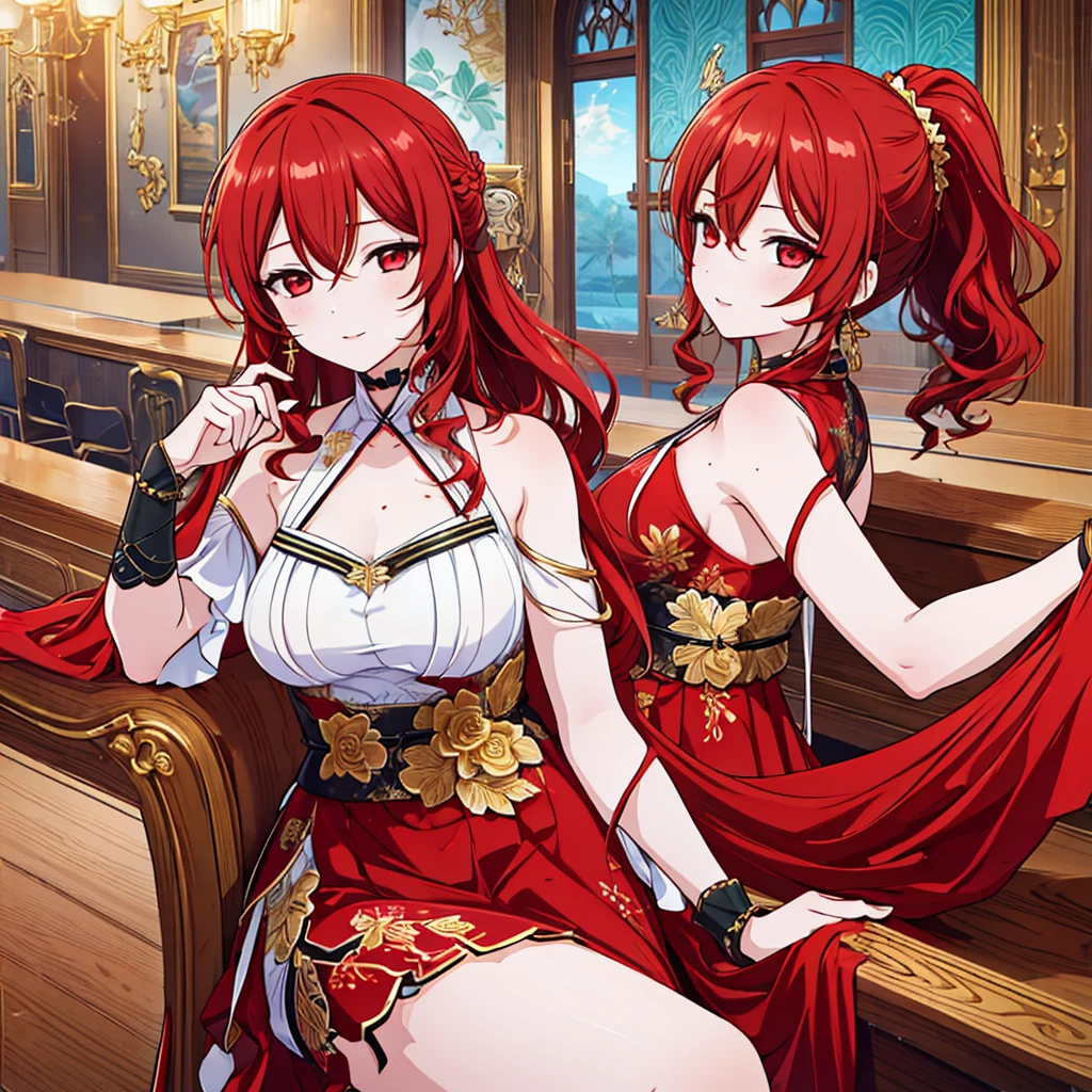 Crossing your legs, Anime style painting, An illustration, Liquor, バーに座ってカクテルを飲むwoman, look return, return, 背景の棚には多彩な色のLiquor瓶が並んでいる, Quiet bar, Calm expression, Perfect hands, elder, Redhead, Dignity at 50, ほろ酔いのwoman, alone、(Highly detailed returnground:1.0)、(Highly detailed returnground:1.0)、masterpiece、Highest quality、(Babes)、Fractal Art、Red eyes、Narrow eyes、Black and red dress, Reddish lips、From the shoulders up、smile、一人のwoman、Red Long Ponytail, Curly Hair, Red eyes,Golden accessories, alone, Big Breasts, woman, Take-out, Provocative laughter,40 year old woman,Queen of Sadism, Highly detailed returnground, Perfect Human Medicine,