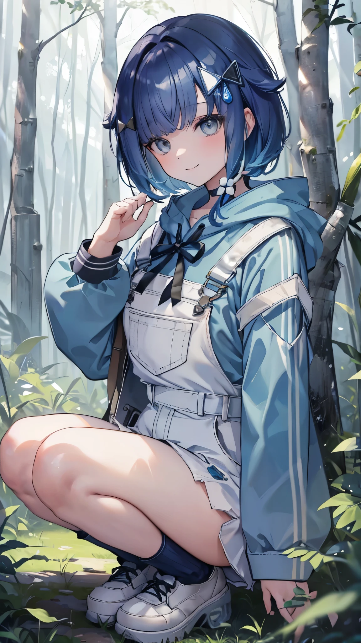 (masterpiece、Highest quality、Very detailed))、One Girl、Tsumugi Kokage、short hair、Blue Hair、hair ornament、Grey Eyes、smile、Moderate breasts、((light blue Jersey))、hoodie、overalls、thighs、blue socks、shoes、squatting、Forest Background