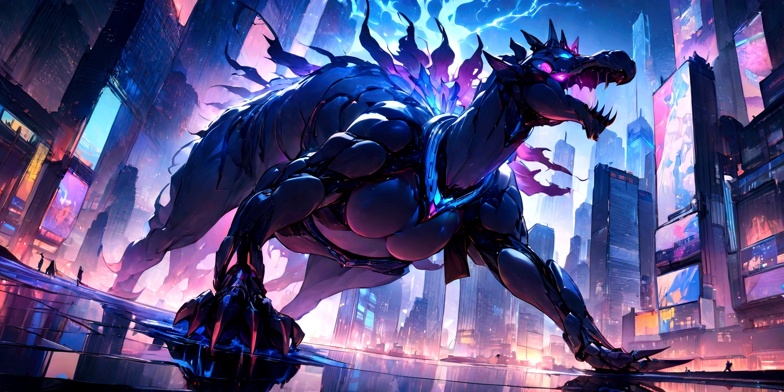 ((masterpiece, Highest quality, Best image quality, High resolution)) Big Camel Devil、Noble female devil、Glowing blue eyes and advanced cybernetic enhancements. Seen in dynamic action poses, reflection on a smooth surface. The cityscape below is filled with towering skyscrapers., illuminated by colorful holographic advertisements, Shining with blue energy, Mighty power. The overall atmosphere is dark and mysterious., It had a futuristic techno vibe.. The lighting is dramatic, Intense highlights and deep shadows, Creates depth and tension. Color Palette