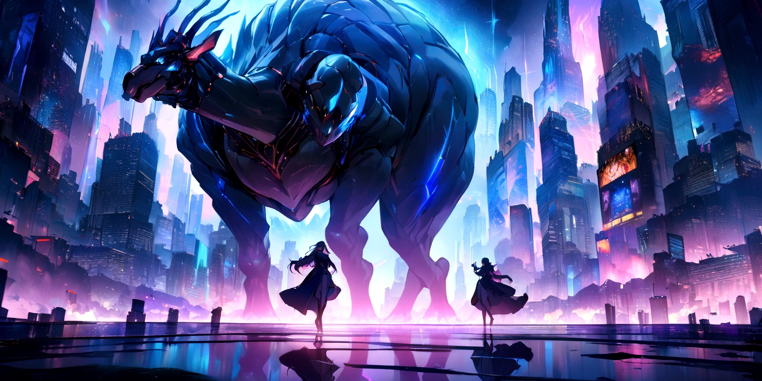 ((masterpiece, Highest quality, Best image quality, High resolution)) Big Camel Devil、Noble female devil、Glowing blue eyes and advanced cybernetic enhancements. Seen in dynamic action poses, reflection on a smooth surface. The cityscape below is filled with towering skyscrapers., illuminated by colorful holographic advertisements, Shining with blue energy, Mighty power. The overall atmosphere is dark and mysterious., It had a futuristic techno vibe.. The lighting is dramatic, Intense highlights and deep shadows, Creates depth and tension. Color Palette