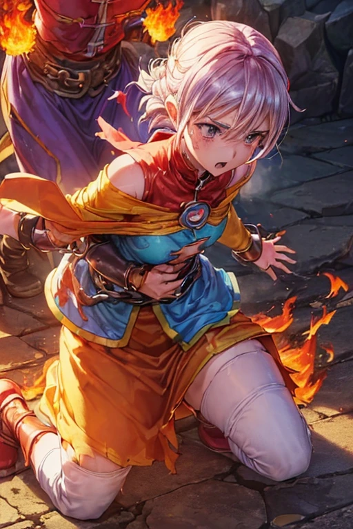 (((Dragon Quest 3 Costumes)))、distinct、(((Female)))、(((Whole body expression))),(((wise)))、(((alone)))、(((Go down)))、(((Clothes are torn)))、((Make the most of your original images))、((The clothes are severely torn))、((Bloodstained))、((Stockings are torn))、((Best image quality、8K))、Ultra-high resolution、(((On one knee)))、(((Hands tied with chains))),(((I'm fainting))),(((Bleeding from many wou(My chest is about to burst)))、(((The flames burn on the clothes)))、(((Hot air makes it hard to breathe)))、(((The costume is torn)))、(((Under attack from the enemy)))、(((My body is numb)))、(((Direct lightning strike)))、(((Rock Bottom of Despair)))、(((I am enduring it with willpower alone.))),(((The flames burn on the clothes)))、(((Eyes are clear)))、(((Being punched in the stomach by an enemy)))、(((True to the original)))、(((Follow the instructions faithfully)))。