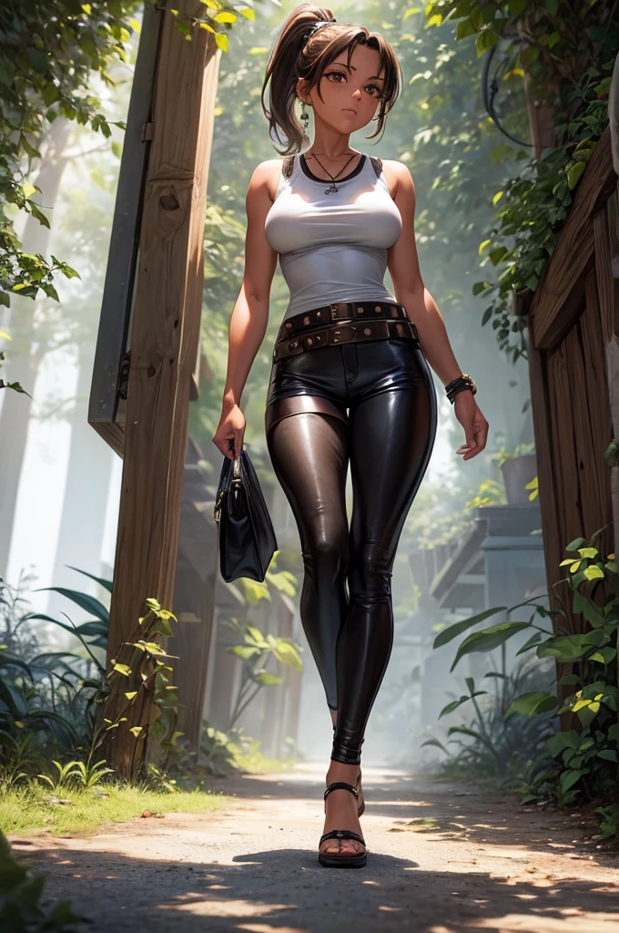 Creating an illustration of a girl in her thirties, short brown ponytail, golden eyes, tanned skin, no breasts. she's wearing a leather harness, white sleeveless t-shirt, black fabric short, leather belt, make full body - she's walking in a night forest - digital art style