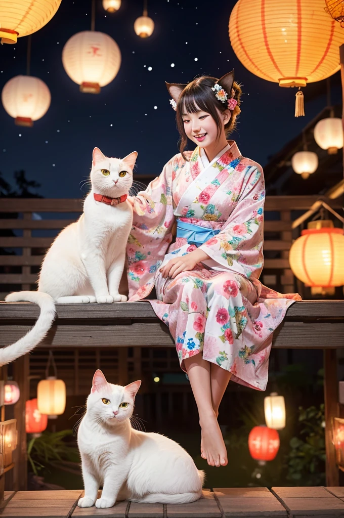 Generate an illustration of a cat-eared girl wearing a floral kimono, sitting with a white cat under floating lanterns in the night sky, smiling happily.