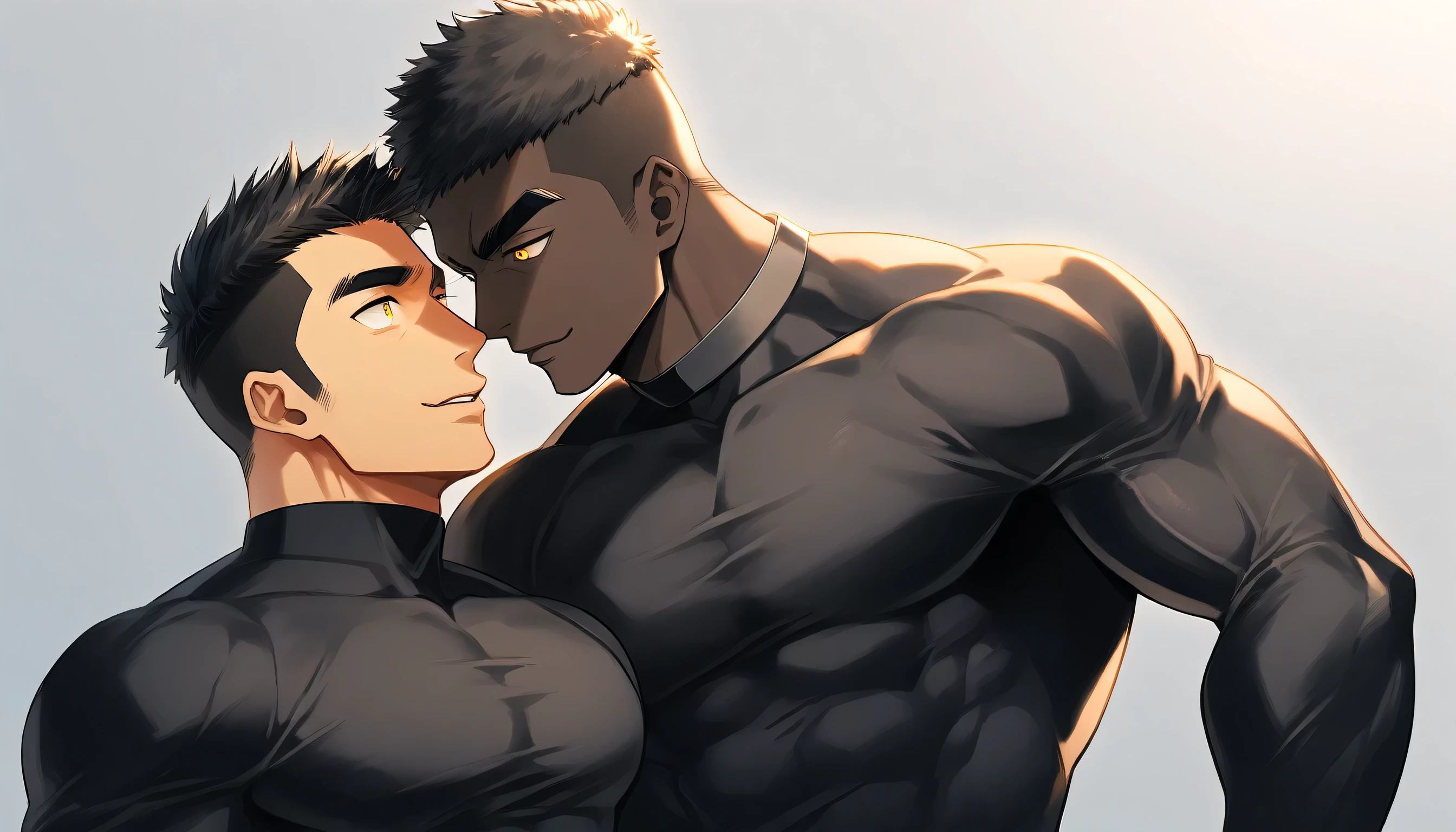 anime characters:Two superheroes in tights, Muscle superhero, ????? black skin, They hugged and kissed each other, Caress, Manliness, male focus, Yellow and black striped high collar long sleeve tight T-shirt, Slightly transparent material, Very tight, Round, full and perky chest muscles, Male dog waist, Slightly transparent, muscular male, muscular, only, Upper body, alone, Black short hair, Thick eyebrows, stubble, Yellow eyes, Grey background, simple background, amazing quality, best aesthetics, Ridiculous, bright pupils, crew cut, parted lips, seductive smile, torogao, naughty face, drop shadow, best quality