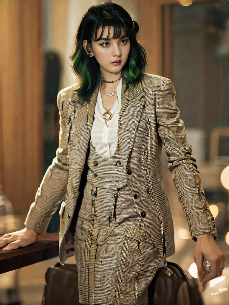 russian girl, fullbody, necklace, jewelry, green hair, red eyeliner, brown eyes, bangs, sexy pose, best quality, masterpiece, wearing suit, an extremely delicate and beautiful, CG, unity, 8k wallpaper, Amazing, finely detail, masterpiece, official art, extremely detailed CG unity 8k wallpaper, incredibly absurdres, huge filesize, ultra-detailed, highres, extremely detailed, beautiful detailed girl, realistic, full frontal, light contrast, completely legs