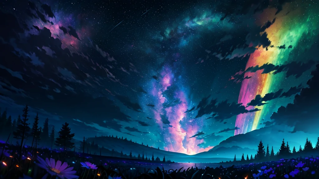 Photographs of vast landscapes, (View from below, Sky and forest below),  Standing in a flower garden and looking up, (full moon: 1.2), (meteor: 0.9), (nebula: 1.3), Distant Mountain々, Making art by breaking wood, (Warm light source: 1.2), (fire Fly: 1.2), Light, Cyan and orange, Intricate details, Volumetric lighting, Realism Rest (masterpiece: 1.2) (Highest quality), 4K, Very delicate, (moving composition: 1.4), Colorful details with attention to detail, (Rainbow colors: 1.2), (Glow Lighting, Atmospheric lighting), dream-like, Magic, (alone: 1.2)
