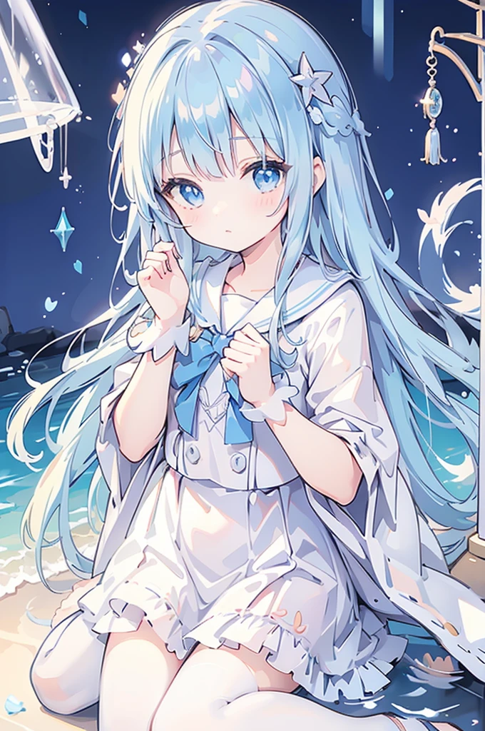 mermaidモチーフのMagical girl、Highest quality、Loriータ、Confused eyes、Primary school students、small、Lori、Young Girl、Water Manipulation Magic、水を司るMagical girl、beautiful girl、cute、Full-body portrait、light blue、Have a koto、Playing the lyre、Clear eyes、pose、Magic Exercises、mermaid、Magical girl