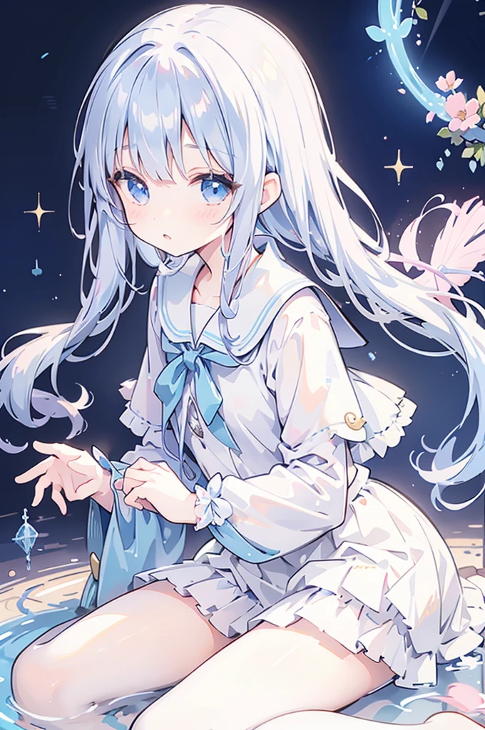 mermaidモチーフのMagical girl、Highest quality、Loriータ、Confused eyes、Primary school students、small、Lori、Young Girl、Water Manipulation Magic、水を司るMagical girl、beautiful girl、cute、Full-body portrait、light blue、Have a koto、Playing the lyre、Clear eyes、pose、Magic Exercises、mermaid、Magical girl