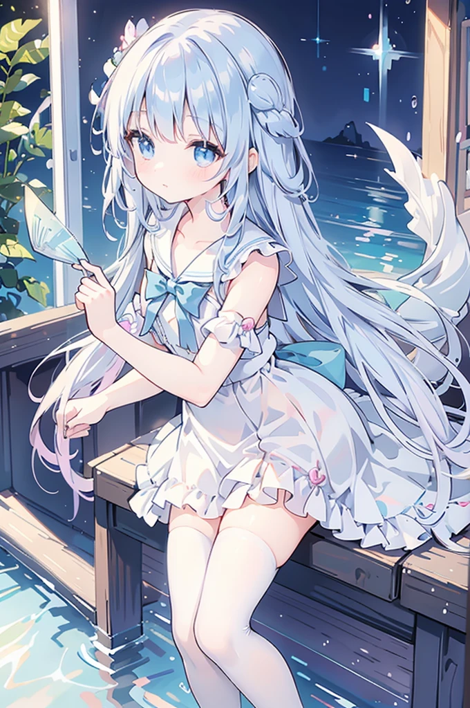 mermaidモチーフのMagical girl、Highest quality、Loriータ、Confused eyes、、small、Lori、Young Girl、Water Manipulation Magic、水を司るMagical girl、beautiful girl、cute、Full-body portrait、light blue、Have a koto、Playing the lyre、Clear eyes、pose、Magic Exercises、mermaid、Magical girl