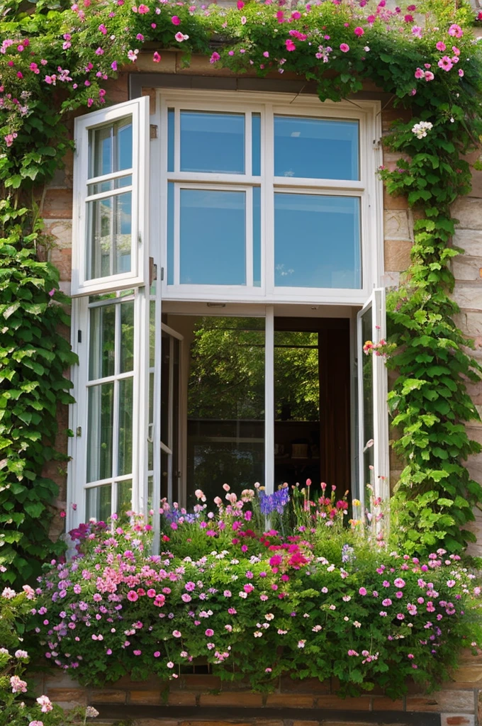 Window overlooking a garden full of flowers 