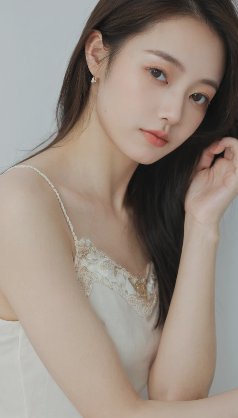 xxmixgirl, Analog Style, Eye focus, Highest quality, (Very detailed skin), Exquisitely beautiful white skin photos, 21 years old, Perfect Face, Captivating eyes, (Seductive makeup: 1.3), Skin pores, (Bokeh:1.5), Sharp focus, Dappled Lighting, (Backlight), Film Grain, (Very detailed, Exquisitely crafted), 8K, High resolution, Front view, Studio Light, Very detailed顔, Fine grain, (double eyelid: 1.4), Aristogle, Brown eyes, (commercial: 1.6), (Natural Makeup), ((White studio background: 2))、Summery white fashion、