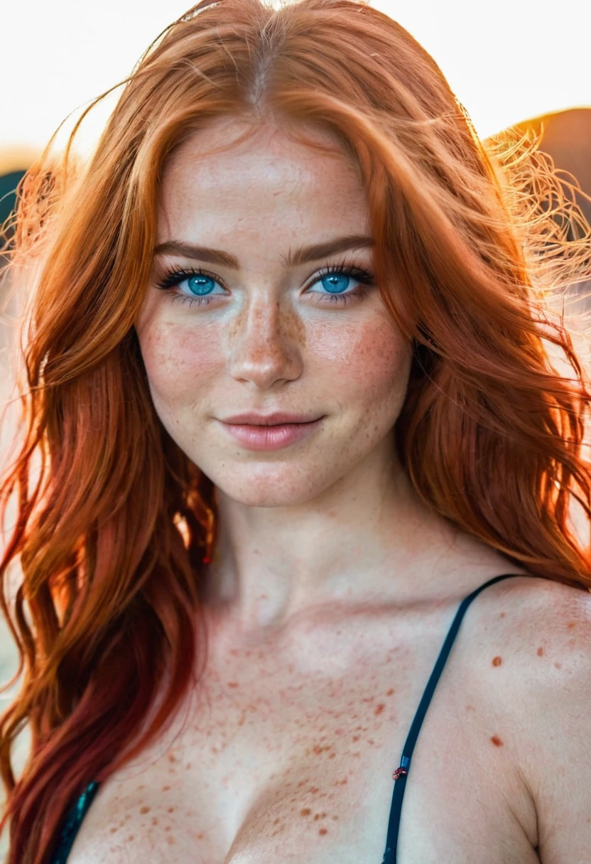 A happy, close shot, upper body beautiful portrait photo of the most beautiful redhead young woman, natural beauty, no makeup with pale skin, long wavy rich ginger hair, blue eyes, hollow cheeks, freckles on face and body, aesthetic feminine green dress (Ultra details, High Quality)