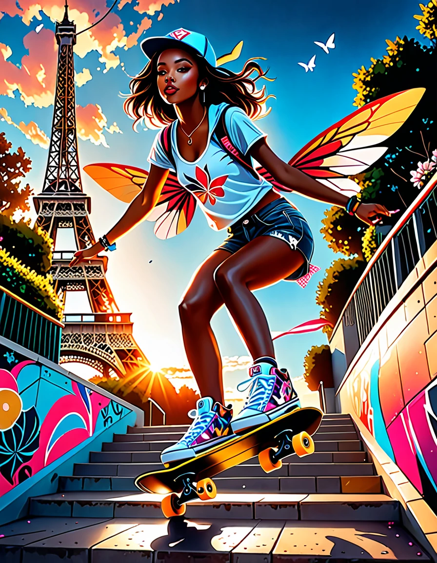 digital illustration inspired by the style of Rossdraws, a woman on a skateboard leaps down a staircase with a pose that captures the feeling of adrenaline in the air, highlighting her beautiful detailed eyes and lips, and her medium brown skin tone. On her back, translucent fairy wings with delicate patterns and a soft glow, as if made of stardust, add a magical touch to the scene.
She wears a stylized helmet with colorful graphics and wears worn-out skate shoes, framed by the Olympic-style skate park, a challenging terrain surrounded by urban obstacles such as handrails, stairs, ledges and ramps, decorated by gardens and flowers that create a scenic backdrop. visually stimulating.
In the distance, the Eiffel Tower stands out against a late afternoon sky lit by the setting sun. Vibrant colors and dramatic shadows contribute to a photorealistic 8K image, captured with a wide-angle fisheye lens.