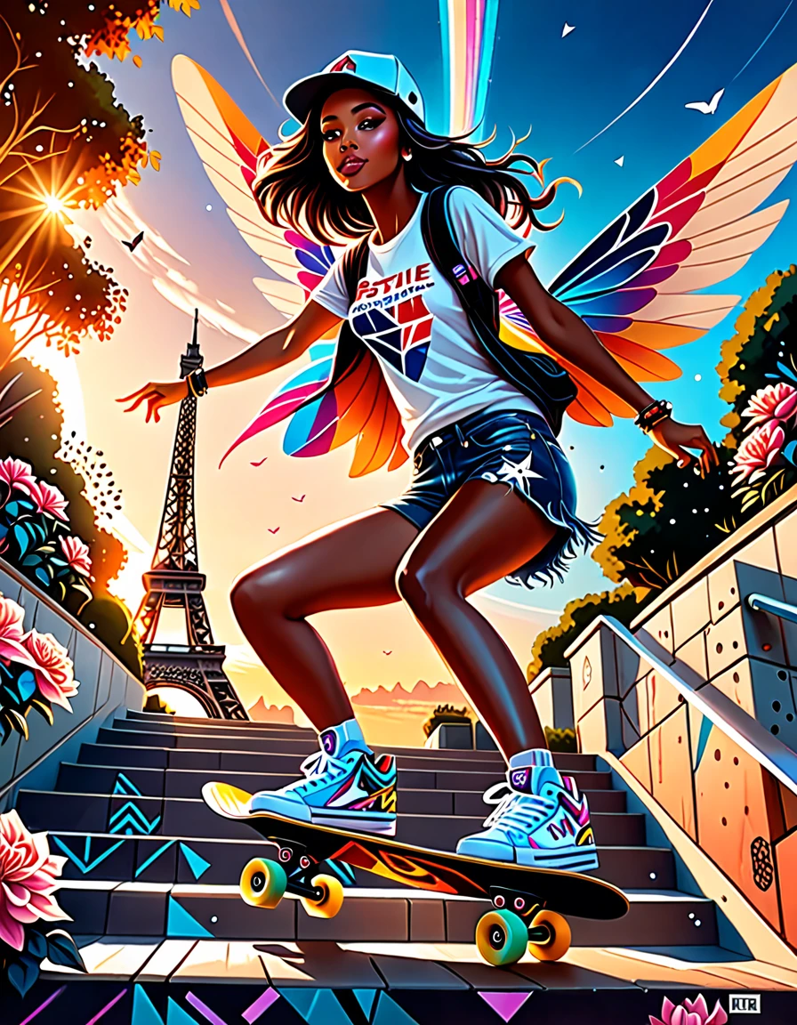 digital illustration inspired by the style of Rossdraws, a woman on a skateboard leaps down a staircase with a pose that captures the feeling of adrenaline in the air, highlighting her beautiful detailed eyes and lips, and her medium brown skin tone. On her back, translucent fairy wings with delicate patterns and a soft glow, as if made of stardust, add a magical touch to the scene.
She wears a stylized helmet with colorful graphics and wears worn-out skate shoes, framed by the Olympic-style skate park, a challenging terrain surrounded by urban obstacles such as handrails, stairs, ledges and ramps, decorated by gardens and flowers that create a scenic backdrop. visually stimulating.
In the distance, the Eiffel Tower stands out against a late afternoon sky lit by the setting sun. Vibrant colors and dramatic shadows contribute to a photorealistic 8K image, captured with a wide-angle fisheye lens.