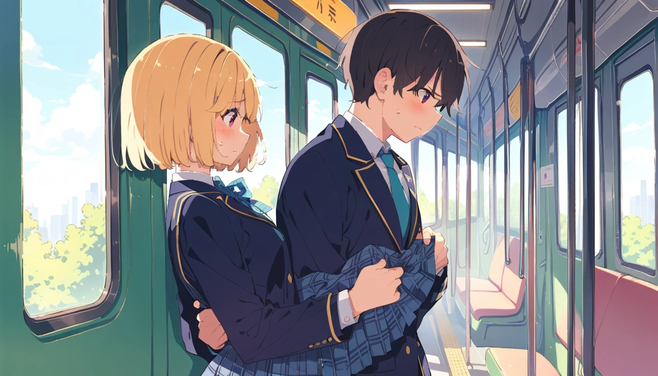 A middle-aged man is standing on a train, looking down and blushing, and is lifting the skirt of a girl with bob hair, a blazer uniform and a navy blue checked skirt.、whole body