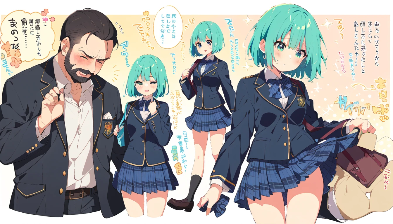 A middle-aged man is standing on a train, looking down and blushing, and is lifting the skirt of a girl with bob hair, a blazer uniform and a navy blue checked skirt.、whole body