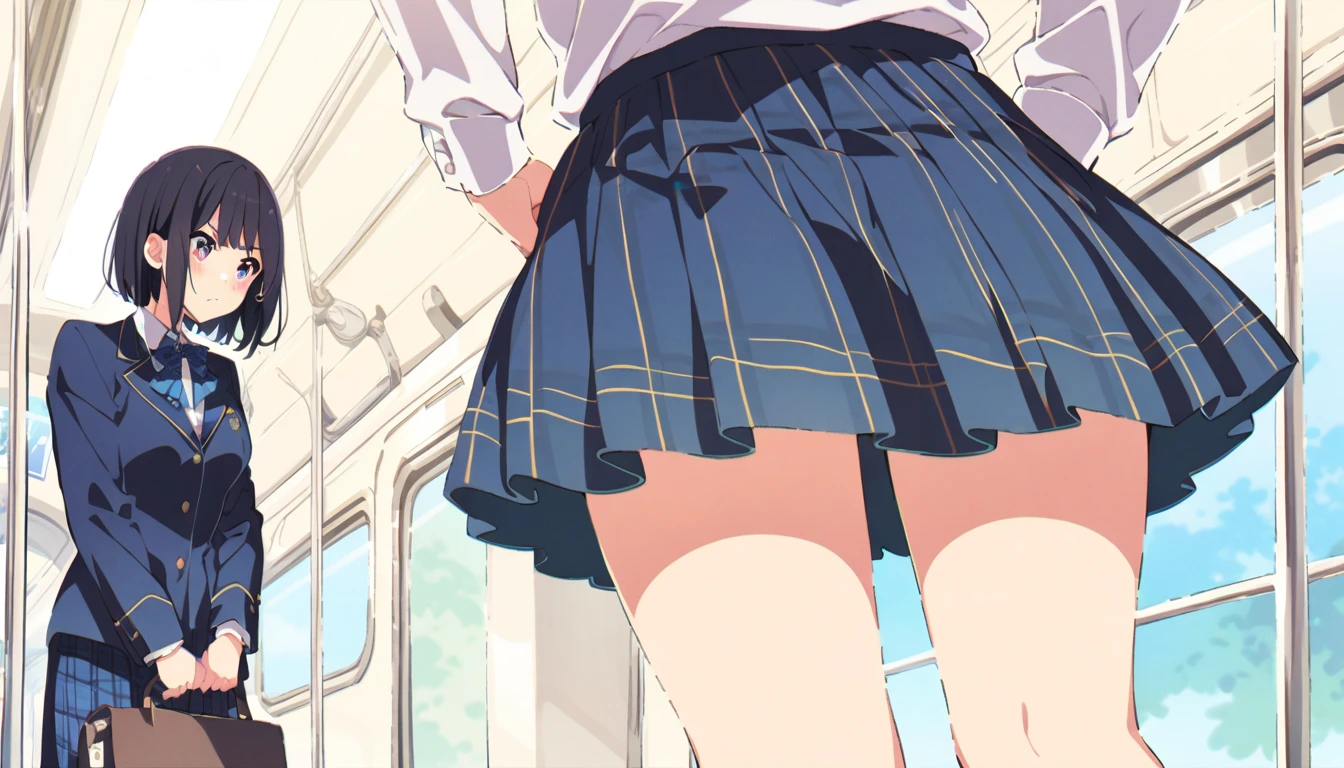 A middle-aged man is standing on a train, looking down and blushing, and is lifting the skirt of a girl with bob hair, a blazer uniform and a navy blue checked skirt.、whole body