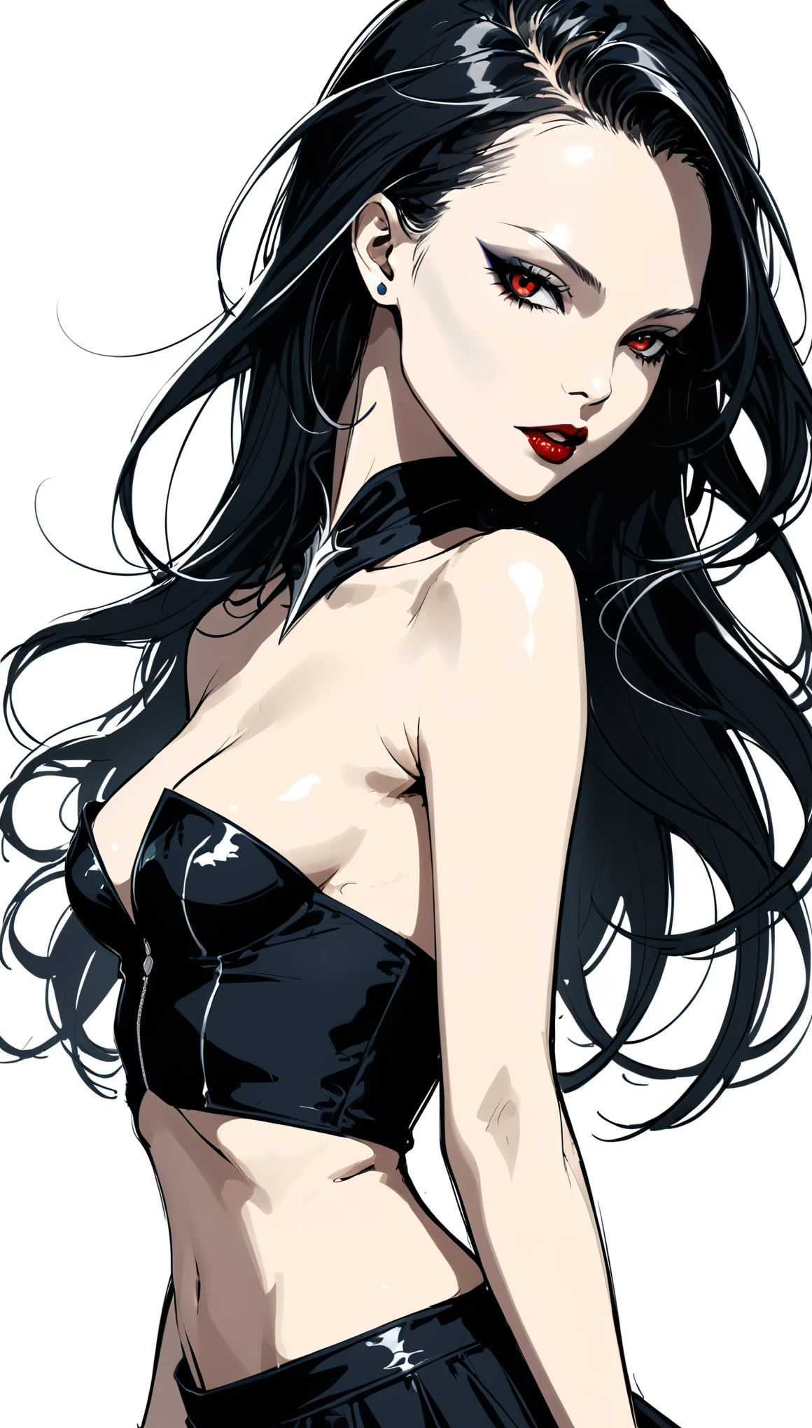 (Bare waist, Waist Focus:2.0), in style of Thierry Mugler, Vampire Girl, (Sketch Style, Black and White:1.5), White background, contour, girl, Dynamic Action, Flowing long hair, Black T-shirt, Loose low waist skirt, (Tilted head:2.0), Fingers on cheeks, Back view, Turn your head and look at the camera, tachi-e, UHD, masterpiece, anatomically correct, best quality