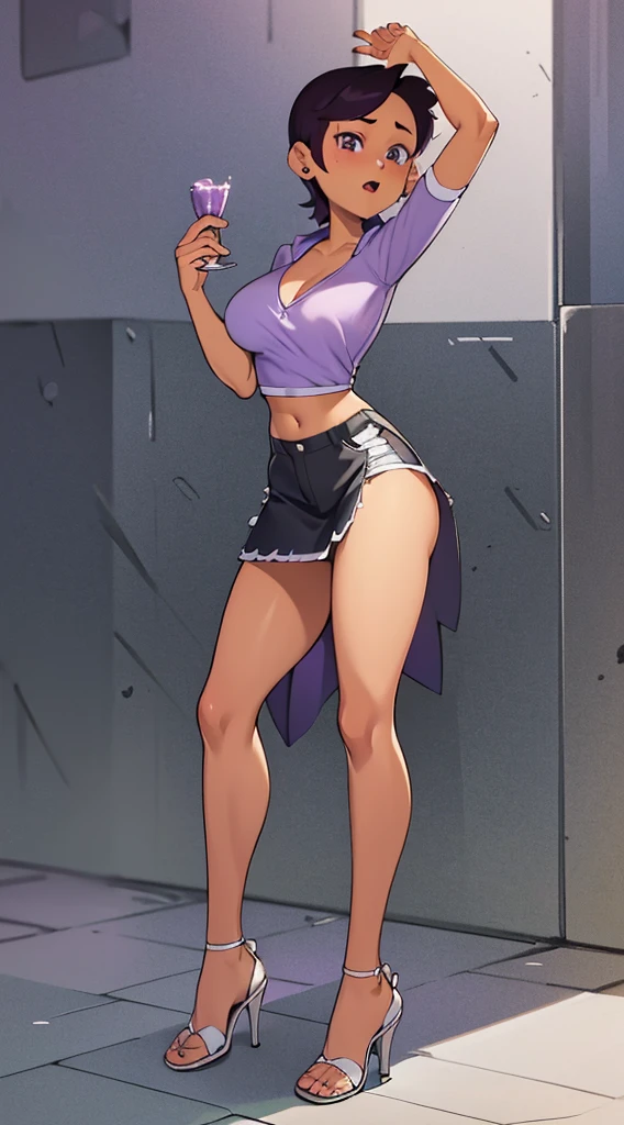 Luz Noceda, massive breasts, cleavage, ((purple and white small shirt and a black stripped miniskirt)), high quality fanart, open legs Style, official fanart, , official art, (nsfw), barefoot, ((open-toe high heels))